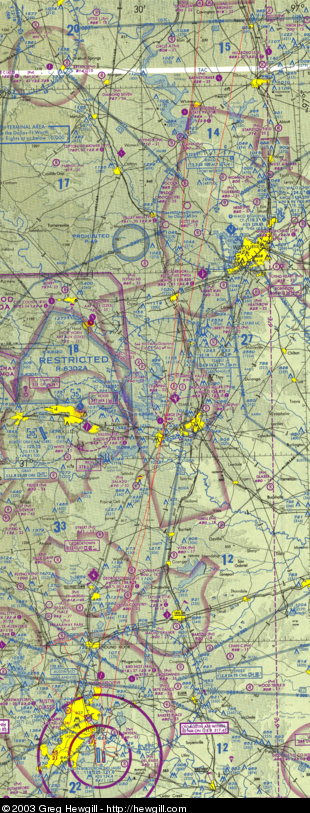 The track log from our flight plotted on the San Antonio sectional. The thin red line is our track.