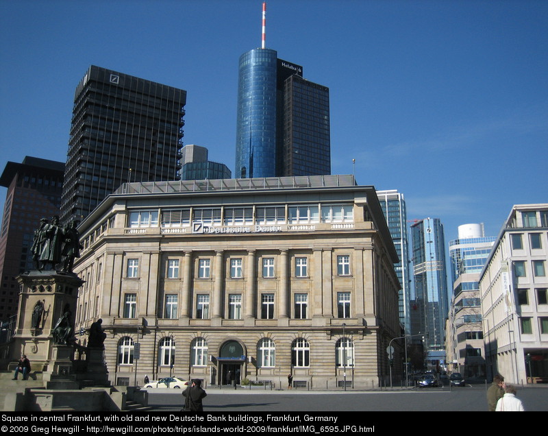 Square in central Frankfurt, with old and new Deutsche Bank buildings