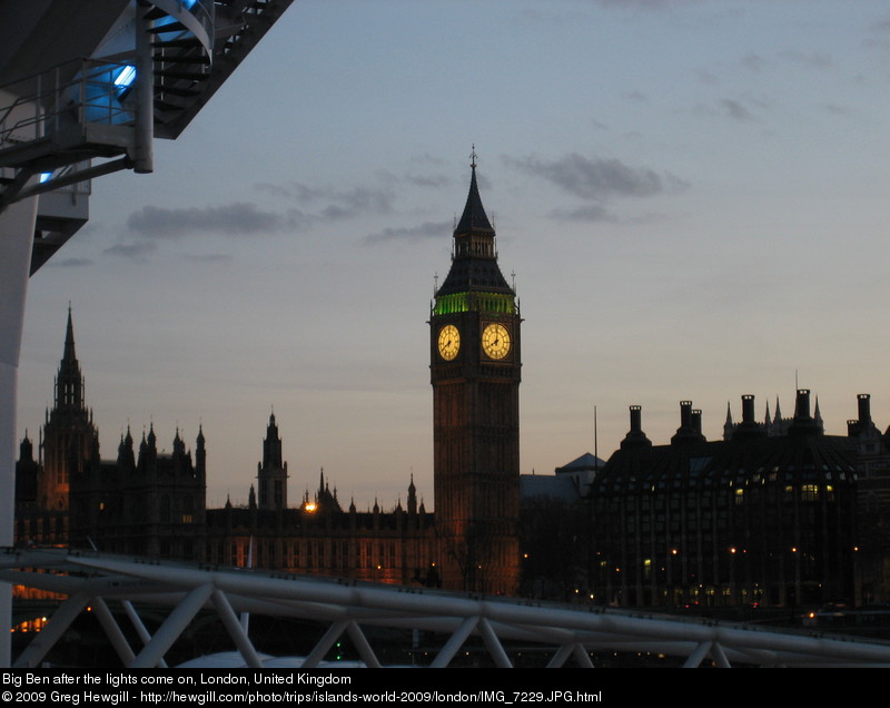 Big Ben after the lights come on