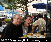 Greg and Amy eating ceviche and Inca Kola