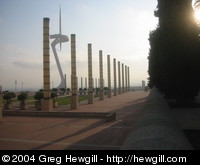 Part of the Olympic Plaza and the Olympic torch in the background (the summer Olympics were held in Barcelona in 1992).
