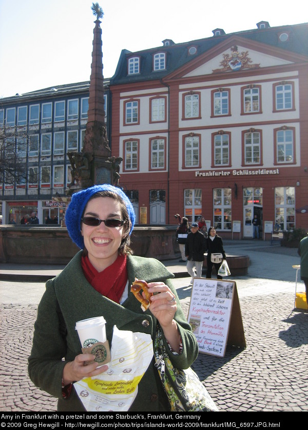 Amy in Frankfurt with a pretzel and some Starbuck's