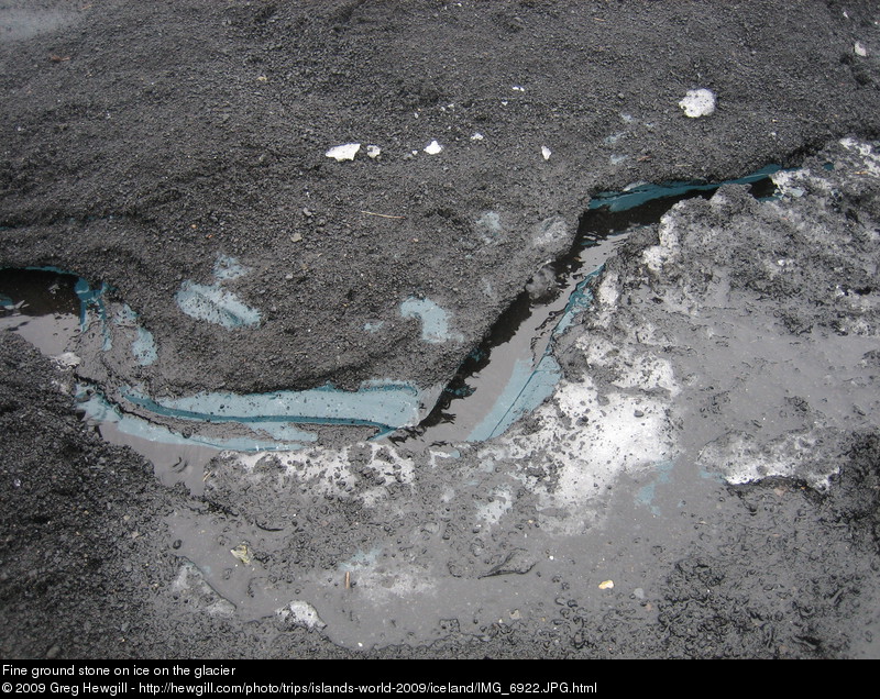 Fine ground stone on ice on the glacier