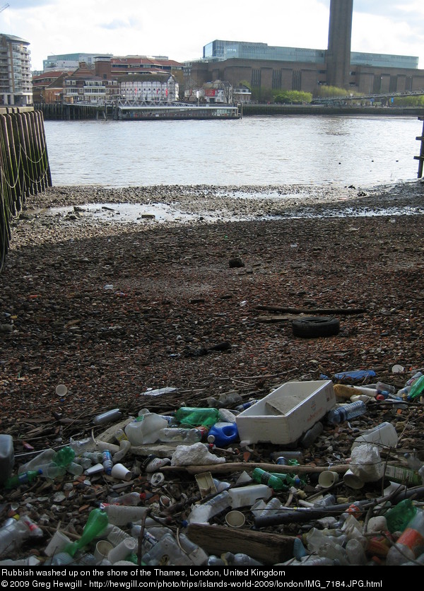 Rubbish washed up on the shore of the Thames