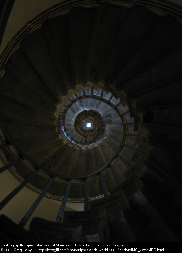 Looking up the spiral staircase of Monument Tower