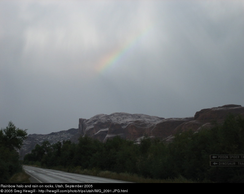 Rainbow halo and rain on rocks